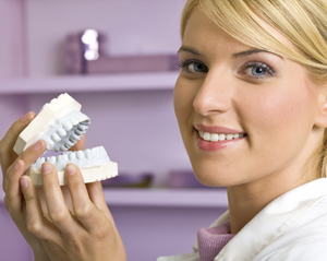 Dentist female showing reproduction model teeth